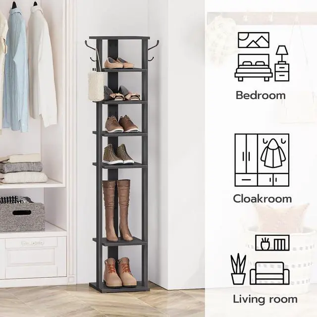 Alt view image 4 of 7 - 8 Tiers Vertical Shoe Rack, Wooden Shoe Storage Organizer with Hooks, Narrow Shoe Tower for 8 Pairs, Space Saving, for Entryway, Living Room, Bedroom, Black BK07XJ01