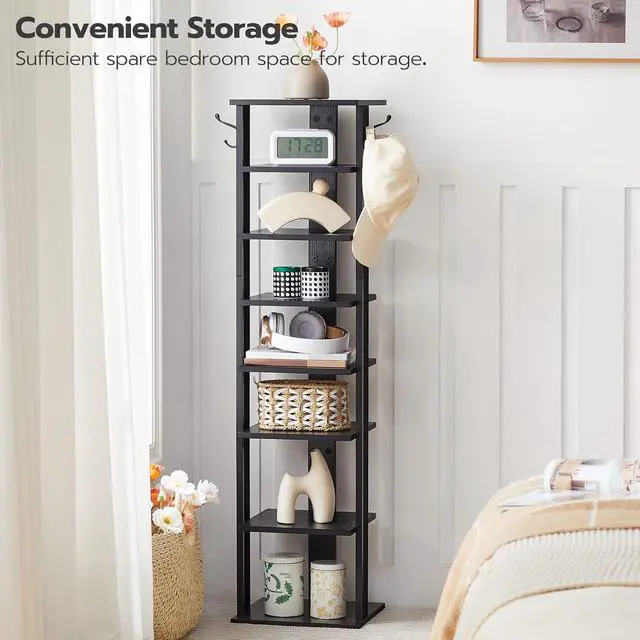Alt view image 5 of 7 - 8 Tiers Vertical Shoe Rack, Wooden Shoe Storage Organizer with Hooks, Narrow Shoe Tower for 8 Pairs, Space Saving, for Entryway, Living Room, Bedroom, Black BK07XJ01