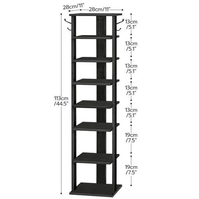 Alt view image 3 of 7 - 8 Tiers Vertical Shoe Rack, Wooden Shoe Storage Organizer with Hooks, Narrow Shoe Tower for 8 Pairs, Space Saving, for Entryway, Living Room, Bedroom, Black BK07XJ01
