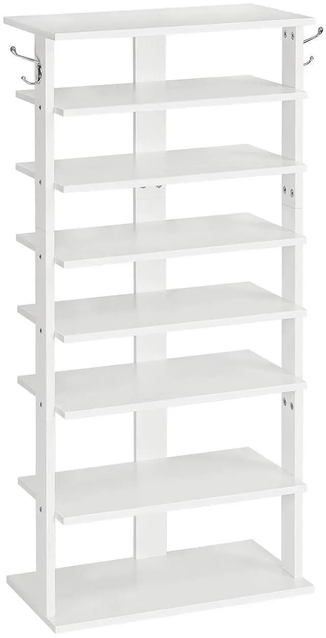 Main image of Vertical Shoe Rack, 8 Tier Wooden Shoe Storage Organizer with Hooks, Narrow Shoe Tower for 16 Pairs, Space Saving, for Entryway, Living Room, Bedroom, White WT750XJ01