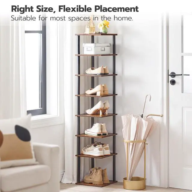 Alt view image 4 of 7 - Vertical Shoe Rack, 8-Tier Narrow Shoe Shelf, Shoe Storage Organizer for Small Space, 11" L x 11" W x 53" H, Closet, Entryway, Hallway, Bedroom, Rustic Brown and Black BF22XJ01