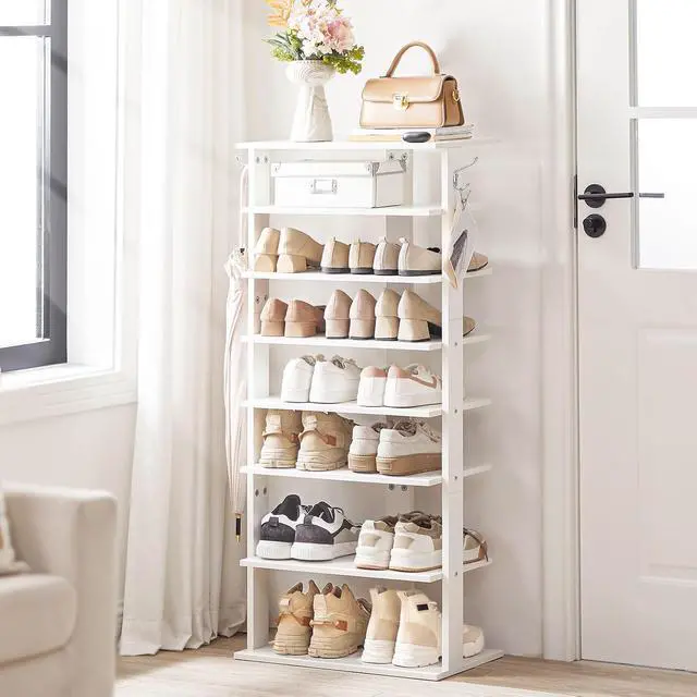 Alt view image 2 of 7 - Vertical Shoe Rack, 8 Tier Wooden Shoe Storage Organizer with Hooks, Narrow Shoe Tower for 16 Pairs, Space Saving, for Entryway, Living Room, Bedroom, White WT750XJ01