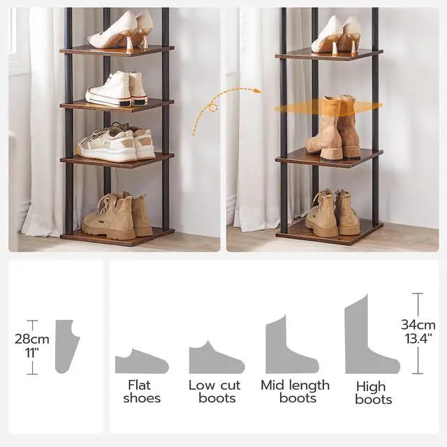 Alt view image 5 of 7 - Vertical Shoe Rack, 8-Tier Narrow Shoe Shelf, Shoe Storage Organizer for Small Space, 11" L x 11" W x 53" H, Closet, Entryway, Hallway, Bedroom, Rustic Brown and Black BF22XJ01