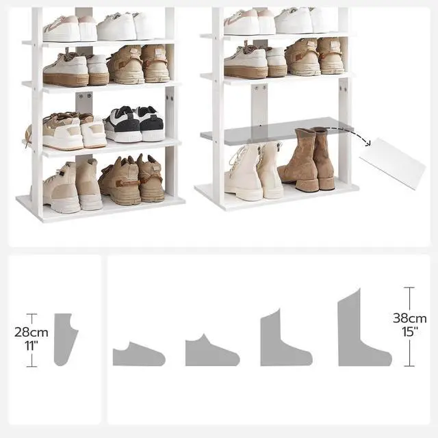 Alt view image 3 of 7 - Vertical Shoe Rack, 8 Tier Wooden Shoe Storage Organizer with Hooks, Narrow Shoe Tower for 16 Pairs, Space Saving, for Entryway, Living Room, Bedroom, White WT750XJ01