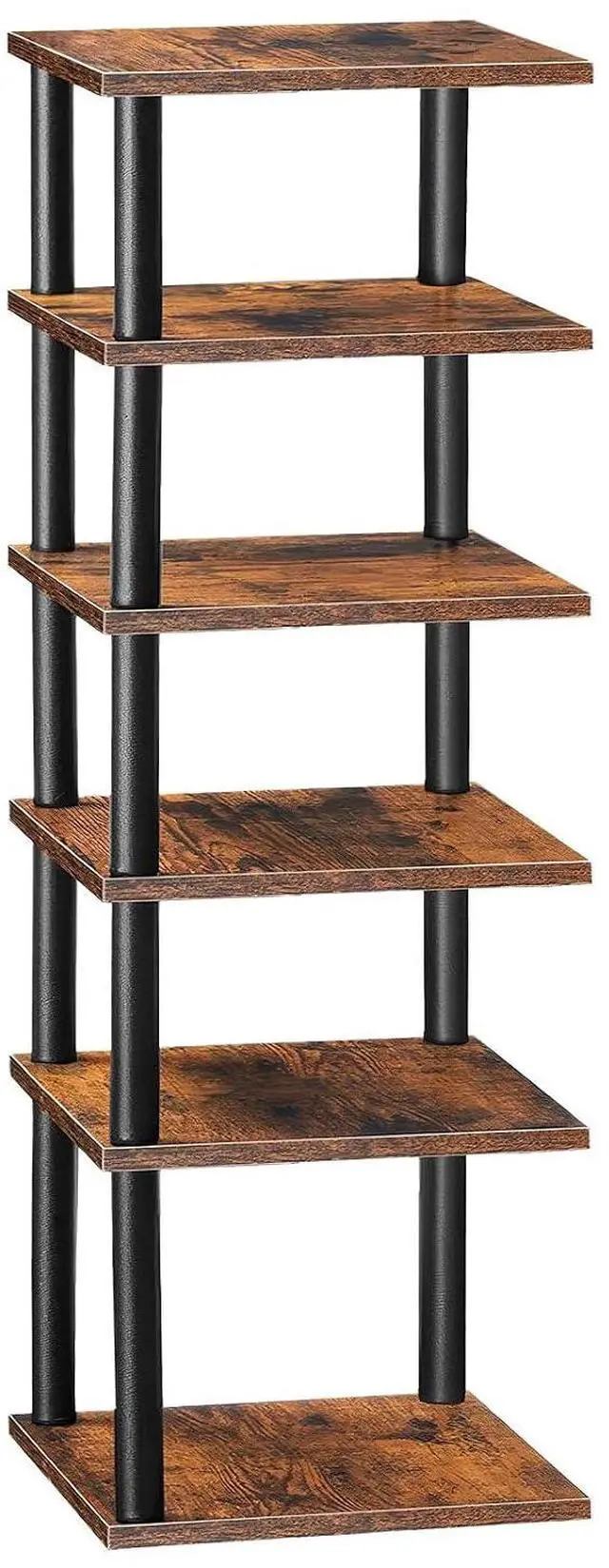 Main image of Vertical Shoe Rack, 6-Tier Narrow Shoe Shelf, Shoe Storage Organizer for Small Space, 11" L x 11" W x 39.5" H, Closet, Entryway, Hallway, Bedroom, Rustic Brown and Black BF21XJ01