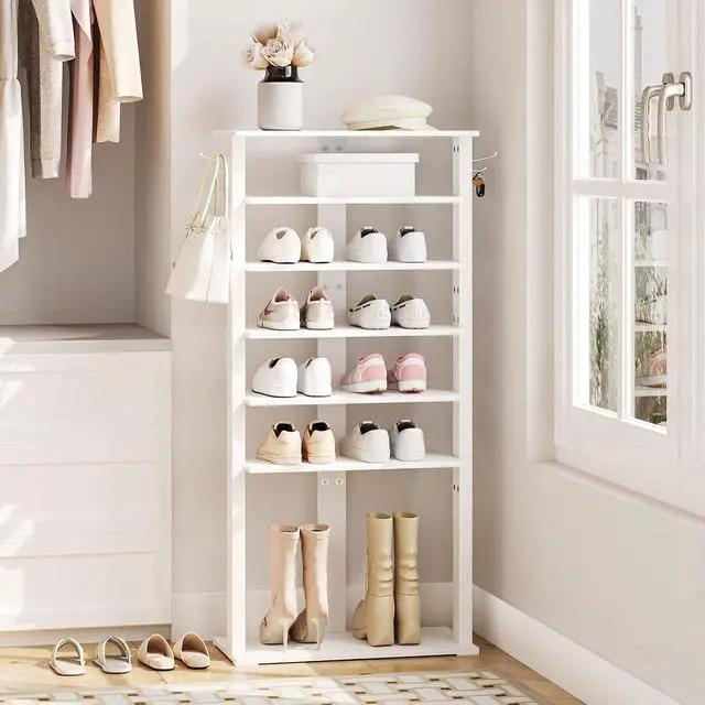 Alt view image 4 of 7 - Vertical Shoe Rack, 8 Tier Wooden Shoe Storage Organizer with Hooks, Narrow Shoe Tower for 16 Pairs, Space Saving, for Entryway, Living Room, Bedroom, White WT750XJ01