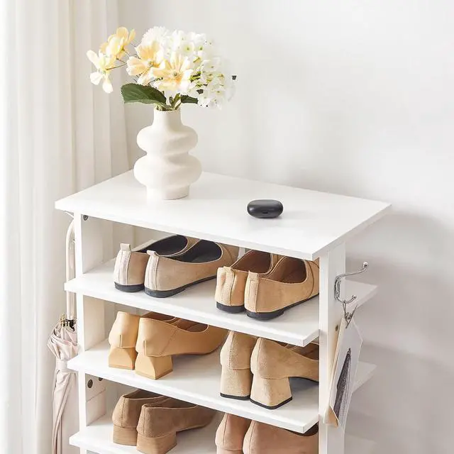 Alt view image 5 of 7 - Vertical Shoe Rack, 8 Tier Wooden Shoe Storage Organizer with Hooks, Narrow Shoe Tower for 16 Pairs, Space Saving, for Entryway, Living Room, Bedroom, White WT750XJ01