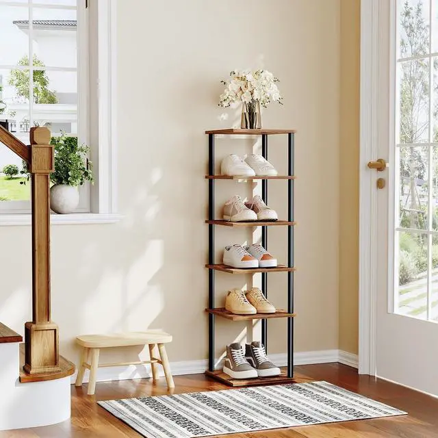 Alt view image 2 of 7 - Vertical Shoe Rack, 6-Tier Narrow Shoe Shelf, Shoe Storage Organizer for Small Space, 11" L x 11" W x 39.5" H, Closet, Entryway, Hallway, Bedroom, Rustic Brown and Black BF21XJ01