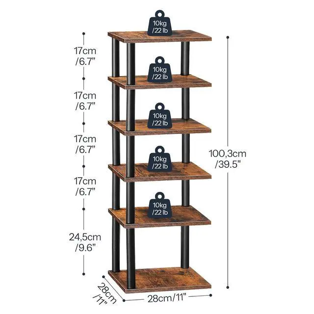 Alt view image 3 of 7 - Vertical Shoe Rack, 6-Tier Narrow Shoe Shelf, Shoe Storage Organizer for Small Space, 11" L x 11" W x 39.5" H, Closet, Entryway, Hallway, Bedroom, Rustic Brown and Black BF21XJ01