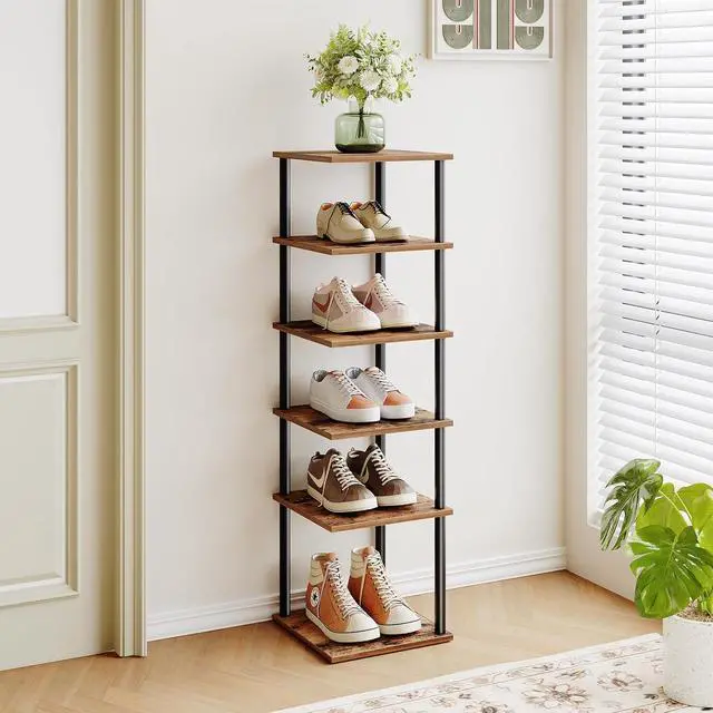 Alt view image 4 of 7 - Vertical Shoe Rack, 6-Tier Narrow Shoe Shelf, Shoe Storage Organizer for Small Space, 11" L x 11" W x 39.5" H, Closet, Entryway, Hallway, Bedroom, Rustic Brown and Black BF21XJ01