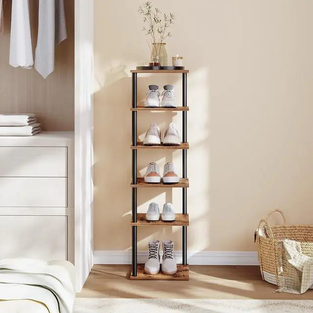 Alt view image 5 of 7 - Vertical Shoe Rack, 6-Tier Narrow Shoe Shelf, Shoe Storage Organizer for Small Space, 11" L x 11" W x 39.5" H, Closet, Entryway, Hallway, Bedroom, Rustic Brown and Black BF21XJ01