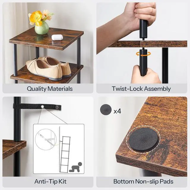 Alt view image 6 of 7 - Vertical Shoe Rack, 6-Tier Narrow Shoe Shelf, Shoe Storage Organizer for Small Space, 11" L x 11" W x 39.5" H, Closet, Entryway, Hallway, Bedroom, Rustic Brown and Black BF21XJ01