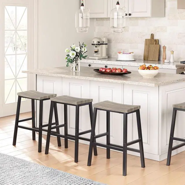 Alt view image 2 of 7 - Bar Stools, Set of 2 Chairs, 23.6 Inch Saddle Kitchen Counter Stools With Footrests, Industrial for Dining Room, Kitchen, Counter, Bar, Greige and Black BG02MD01