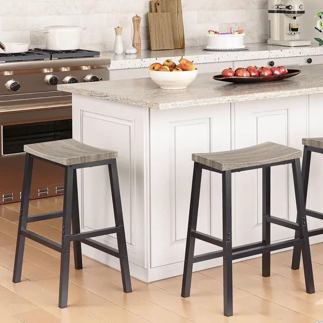 Alt view image 4 of 7 - Bar Stools, Set of 2 Chairs, 23.6 Inch Saddle Kitchen Counter Stools With Footrests, Industrial for Dining Room, Kitchen, Counter, Bar, Greige and Black BG02MD01