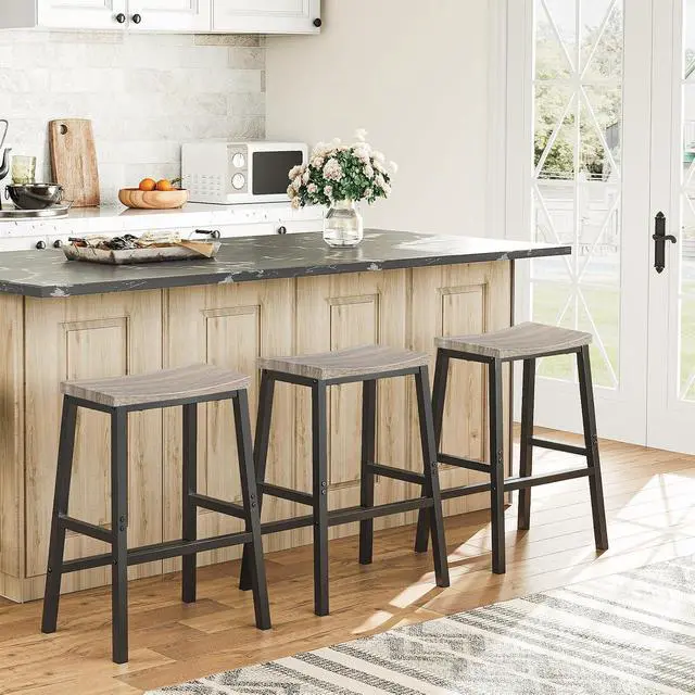 Alt view image 5 of 7 - Bar Stools, Set of 2 Chairs, 23.6 Inch Saddle Kitchen Counter Stools With Footrests, Industrial for Dining Room, Kitchen, Counter, Bar, Greige and Black BG02MD01
