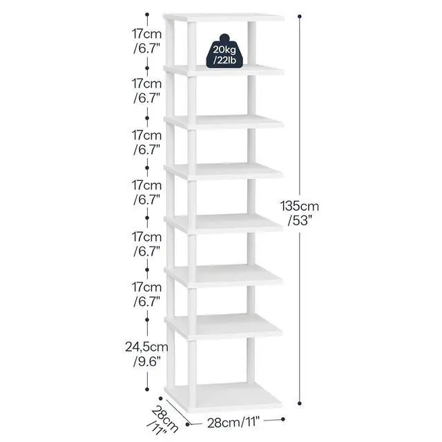 Alt view image 2 of 7 - Vertical Shoe Rack, 8-Tier Narrow Shoe Shelf, Shoe Storage Organizer for Small Space, 11" L x 11" W x 53" H, Closet, Entryway, Hallway, Bedroom, White WW22XJ01