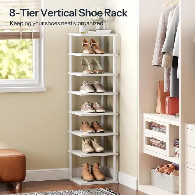 Alt view image 3 of 7 - Vertical Shoe Rack, 8-Tier Narrow Shoe Shelf, Shoe Storage Organizer for Small Space, 11" L x 11" W x 53" H, Closet, Entryway, Hallway, Bedroom, White WW22XJ01
