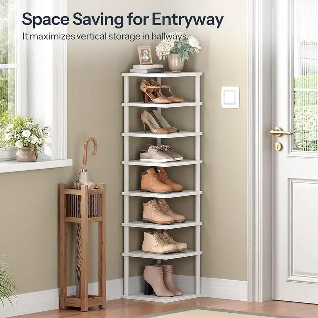 Alt view image 5 of 7 - Vertical Shoe Rack, 8-Tier Narrow Shoe Shelf, Shoe Storage Organizer for Small Space, 11" L x 11" W x 53" H, Closet, Entryway, Hallway, Bedroom, White WW22XJ01