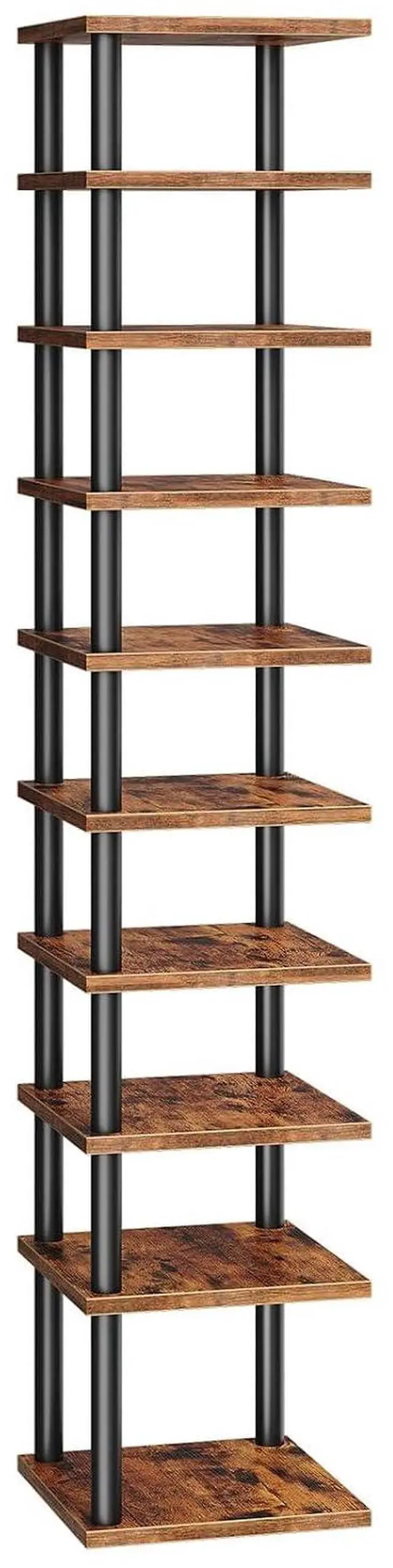 Main image of Vertical Shoe Rack, 10-Tier Narrow Shoe Shelf, Shoe Storage Organizer for Small Space, 11" L x 11" W x 68" H, Closet, Entryway, Hallway, Bedroom, Rustic Brown and Black BF32XJ01