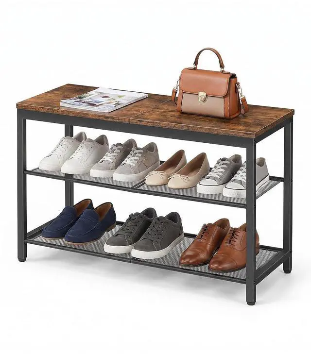 Main image of Shoe Bench, 3-Tier Shoe Rack, Industrial Shoe Organizer Storage Bench, 29.5 inches Entry Bench with Mesh Shelves, for Entryway, Living Room, Hallway, Easy Assembly, Rustic Brown BF75HX01