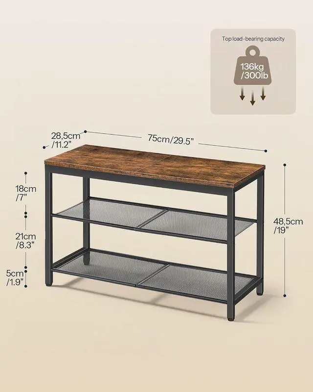 Alt view image 2 of 7 - Shoe Bench, 3-Tier Shoe Rack, Industrial Shoe Organizer Storage Bench, 29.5 inches Entry Bench with Mesh Shelves, for Entryway, Living Room, Hallway, Easy Assembly, Rustic Brown BF75HX01