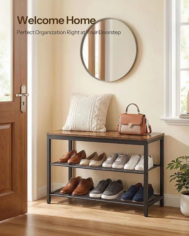 Alt view image 3 of 7 - Shoe Bench, 3-Tier Shoe Rack, Industrial Shoe Organizer Storage Bench, 29.5 inches Entry Bench with Mesh Shelves, for Entryway, Living Room, Hallway, Easy Assembly, Rustic Brown BF75HX01