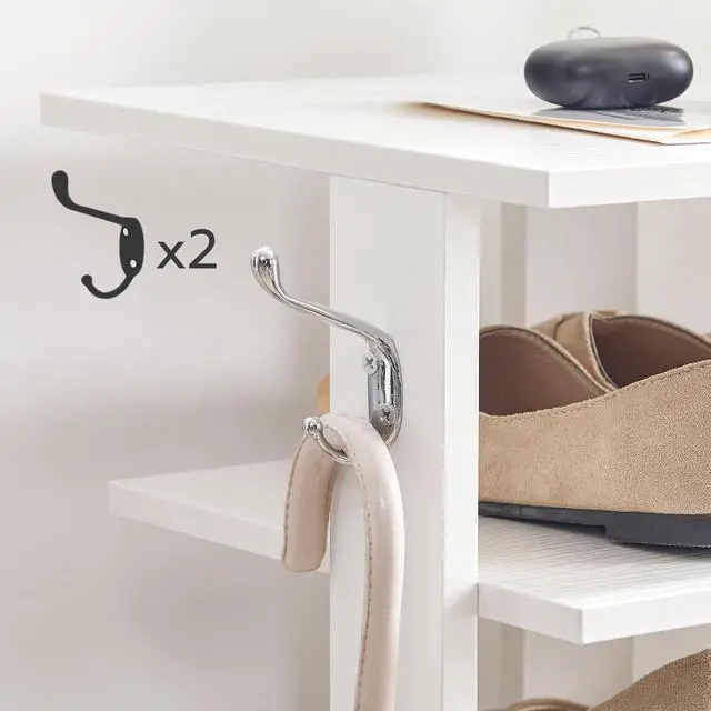 Alt view image 6 of 7 - Vertical Shoe Rack, 8 Tier Wooden Shoe Storage Organizer with Hooks, Narrow Shoe Tower for 16 Pairs, Space Saving, for Entryway, Living Room, Bedroom, White WT750XJ01