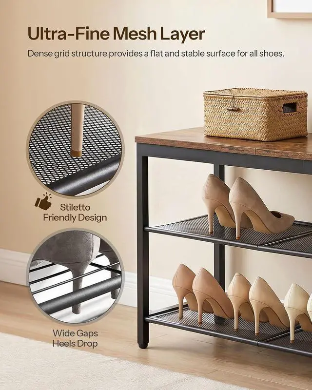 Alt view image 4 of 7 - Shoe Bench, 3-Tier Shoe Rack, Industrial Shoe Organizer Storage Bench, 29.5 inches Entry Bench with Mesh Shelves, for Entryway, Living Room, Hallway, Easy Assembly, Rustic Brown BF75HX01