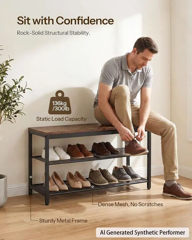 Alt view image 5 of 7 - Shoe Bench, 3-Tier Shoe Rack, Industrial Shoe Organizer Storage Bench, 29.5 inches Entry Bench with Mesh Shelves, for Entryway, Living Room, Hallway, Easy Assembly, Rustic Brown BF75HX01