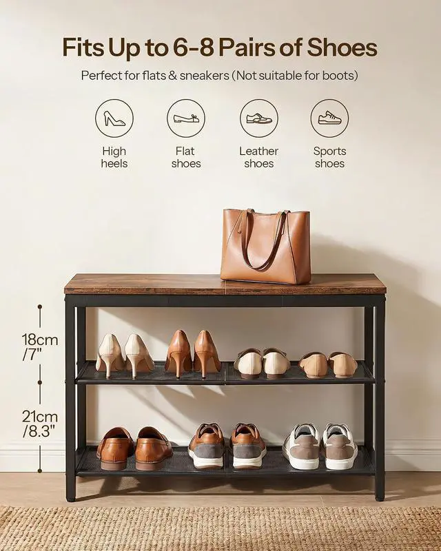 Alt view image 7 of 7 - Shoe Bench, 3-Tier Shoe Rack, Industrial Shoe Organizer Storage Bench, 29.5 inches Entry Bench with Mesh Shelves, for Entryway, Living Room, Hallway, Easy Assembly, Rustic Brown BF75HX01