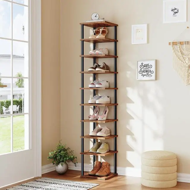 Alt view image 2 of 7 - Vertical Shoe Rack, 10-Tier Narrow Shoe Shelf, Shoe Storage Organizer for Small Space, 11" L x 11" W x 68" H, Closet, Entryway, Hallway, Bedroom, Rustic Brown and Black BF32XJ01