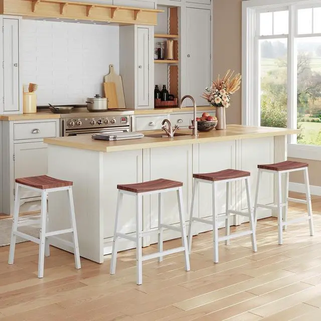 Alt view image 2 of 7 - Bar Stools, Set of 2 Bar Chairs, 23.6 Inch Saddle Stools, Kitchen Counter Seat with Footrests, Industrial Barstools for Dining Room, Kitchen, Counter, Bar, Walnut and White HW02MD01