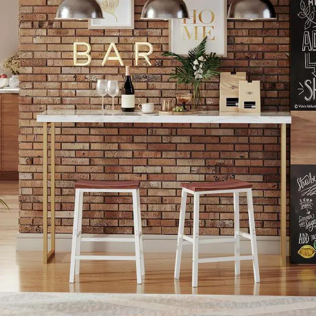 Alt view image 6 of 7 - Bar Stools, Set of 2 Bar Chairs, 23.6 Inch Saddle Stools, Kitchen Counter Seat with Footrests, Industrial Barstools for Dining Room, Kitchen, Counter, Bar, Walnut and White HW02MD01