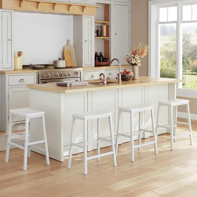 Alt view image 2 of 7 - Bar Stools, Set of 2 Bar Chairs, 23.6 Inch Saddle Stools, Kitchen Counter Seat with Footrests, Industrial Barstools for Dining Room, Kitchen, Counter, Bar, White WW02MD01