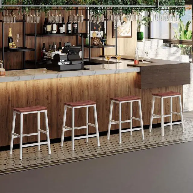 Alt view image 5 of 7 - Bar Stools, Set of 2 Bar Chairs, 23.6 Inch Saddle Stools, Kitchen Counter Seat with Footrests, Industrial Barstools for Dining Room, Kitchen, Counter, Bar, Walnut and White HW02MD01