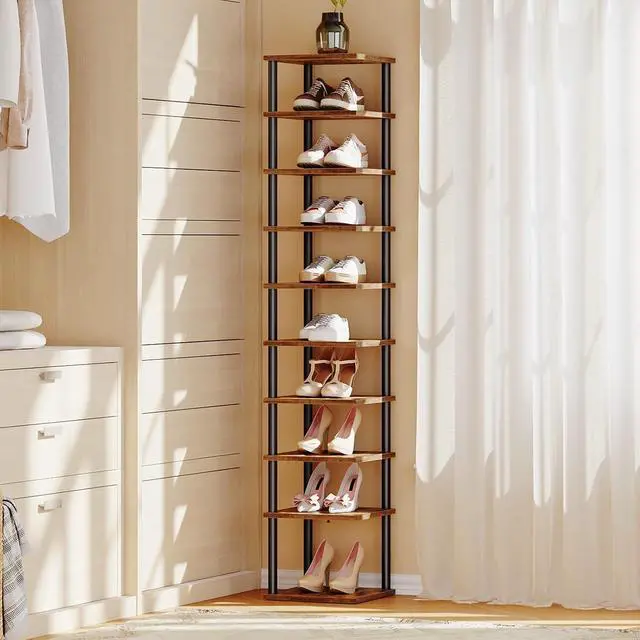 Alt view image 4 of 7 - Vertical Shoe Rack, 10-Tier Narrow Shoe Shelf, Shoe Storage Organizer for Small Space, 11" L x 11" W x 68" H, Closet, Entryway, Hallway, Bedroom, Rustic Brown and Black BF32XJ01