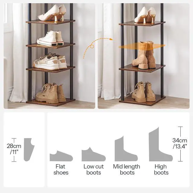 Alt view image 5 of 7 - Vertical Shoe Rack, 10-Tier Narrow Shoe Shelf, Shoe Storage Organizer for Small Space, 11" L x 11" W x 68" H, Closet, Entryway, Hallway, Bedroom, Rustic Brown and Black BF32XJ01