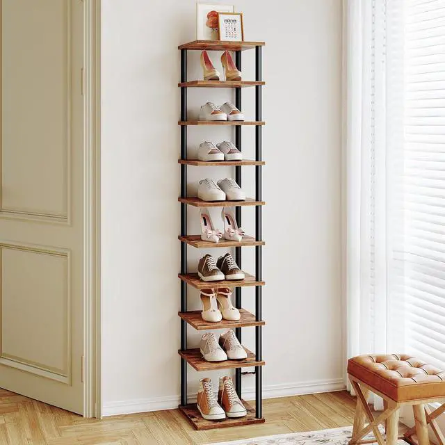 Alt view image 6 of 7 - Vertical Shoe Rack, 10-Tier Narrow Shoe Shelf, Shoe Storage Organizer for Small Space, 11" L x 11" W x 68" H, Closet, Entryway, Hallway, Bedroom, Rustic Brown and Black BF32XJ01