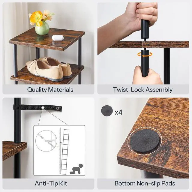 Alt view image 7 of 7 - Vertical Shoe Rack, 10-Tier Narrow Shoe Shelf, Shoe Storage Organizer for Small Space, 11" L x 11" W x 68" H, Closet, Entryway, Hallway, Bedroom, Rustic Brown and Black BF32XJ01
