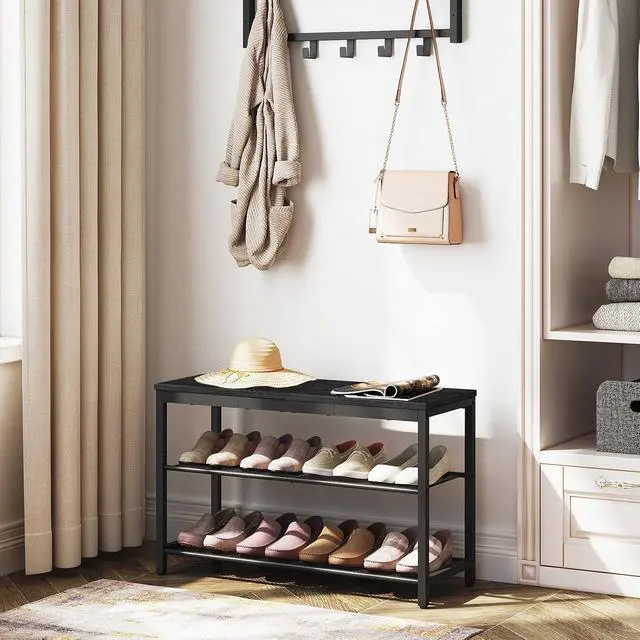 Alt view image 2 of 7 - Shoe Bench, 3-Tier Shoe Rack, Industrial Shoe Organizer Storage Bench, 29.5 inches Entry Bench with Mesh Shelves, for Entryway, Living Room, Hallway, Easy Assembly, Black BB75HX01