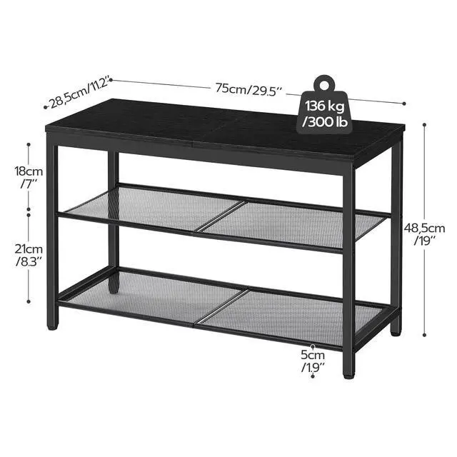 Alt view image 3 of 7 - Shoe Bench, 3-Tier Shoe Rack, Industrial Shoe Organizer Storage Bench, 29.5 inches Entry Bench with Mesh Shelves, for Entryway, Living Room, Hallway, Easy Assembly, Black BB75HX01