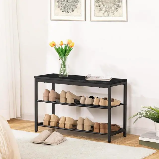 Alt view image 5 of 7 - Shoe Bench, 3-Tier Shoe Rack, Industrial Shoe Organizer Storage Bench, 29.5 inches Entry Bench with Mesh Shelves, for Entryway, Living Room, Hallway, Easy Assembly, Black BB75HX01