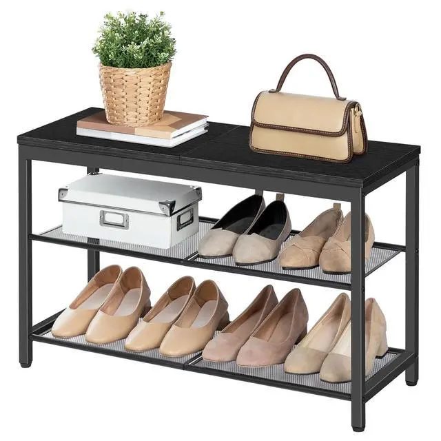 Alt view image 7 of 7 - Shoe Bench, 3-Tier Shoe Rack, Industrial Shoe Organizer Storage Bench, 29.5 inches Entry Bench with Mesh Shelves, for Entryway, Living Room, Hallway, Easy Assembly, Black BB75HX01