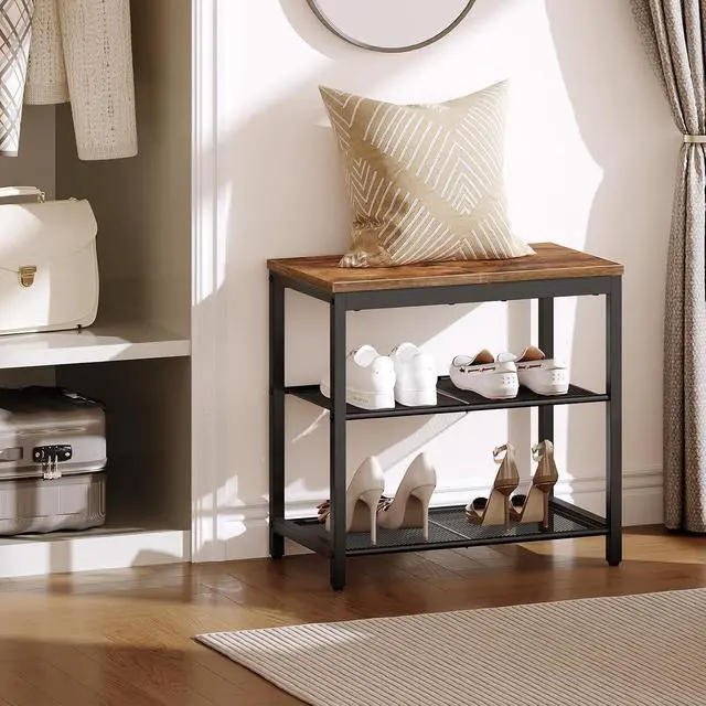 Alt view image 2 of 7 - Shoe Bench, 3-Tier Shoe Rack, Industrial Shoe Organizer Storage Bench, 19.7 inches Entry Bench with Mesh Shelves, for Entryway, Living Room, Hallway, Easy Assembly, Rustic Brown BF50HX01