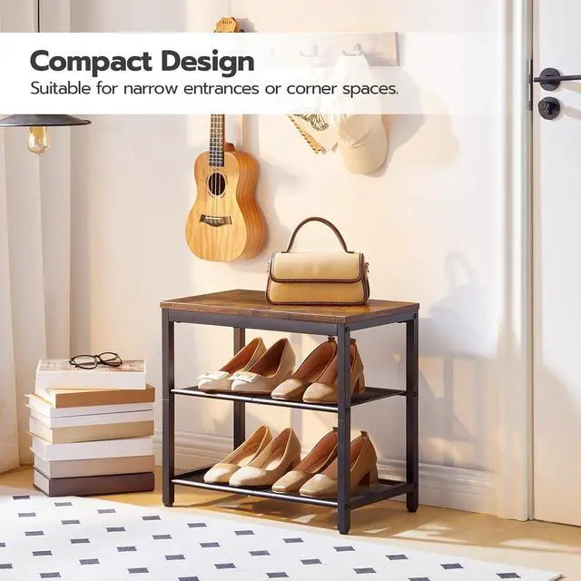 Alt view image 4 of 7 - Shoe Bench, 3-Tier Shoe Rack, Industrial Shoe Organizer Storage Bench, 19.7 inches Entry Bench with Mesh Shelves, for Entryway, Living Room, Hallway, Easy Assembly, Rustic Brown BF50HX01