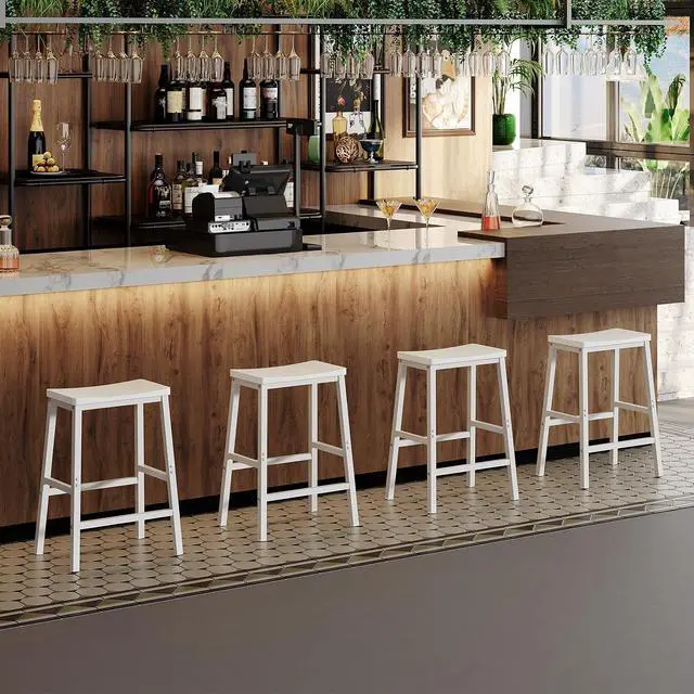 Alt view image 5 of 7 - Bar Stools, Set of 2 Bar Chairs, 23.6 Inch Saddle Stools, Kitchen Counter Seat with Footrests, Industrial Barstools for Dining Room, Kitchen, Counter, Bar, White WW02MD01