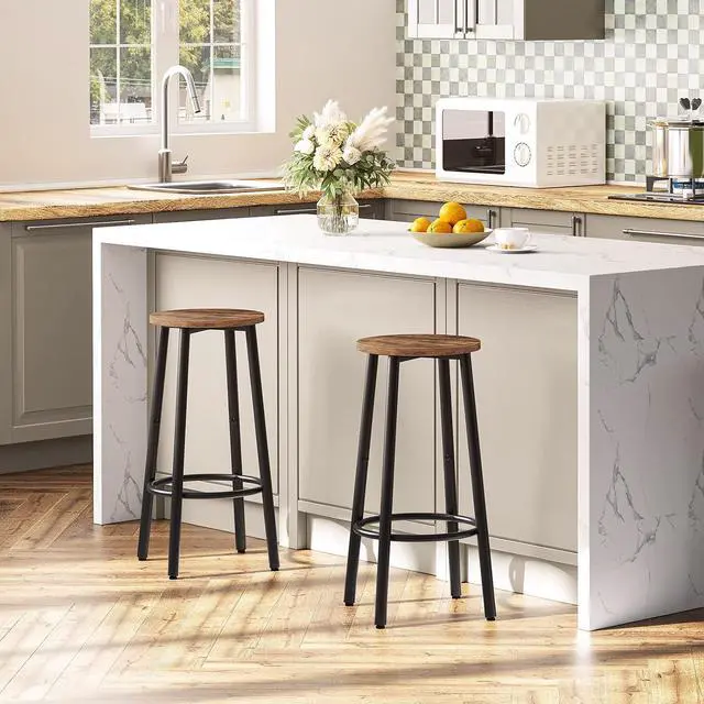 Alt view image 5 of 7 - Bar Stools, Set of 2 Bar Chairs, Kitchen Round Height Stools with Footrest, Breakfast Bar Stools, Sturdy Steel Frame, for Dining Room, Kitchen, Party, Easy Assembly, Rustic Brown BF03BY01