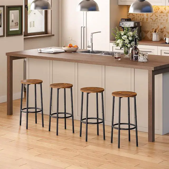 Alt view image 2 of 7 - Bar Stools, Set of 4 Bar Chairs, Kitchen Round Height Stools with Footrest, Breakfast Bar Stools, Sturdy Steel Frame, for Dining Room, Kitchen, Party, Easy Assembly, Rustic Brown BF03BYP401N1