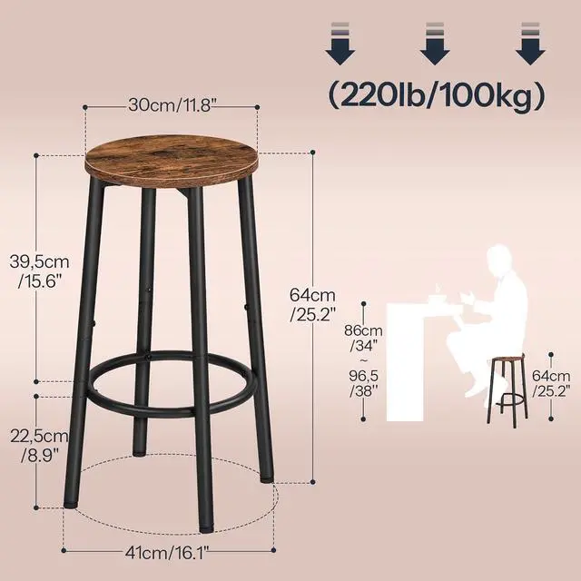 Alt view image 3 of 7 - Bar Stools, Set of 4 Bar Chairs, Kitchen Round Height Stools with Footrest, Breakfast Bar Stools, Sturdy Steel Frame, for Dining Room, Kitchen, Party, Easy Assembly, Rustic Brown BF03BYP401N1
