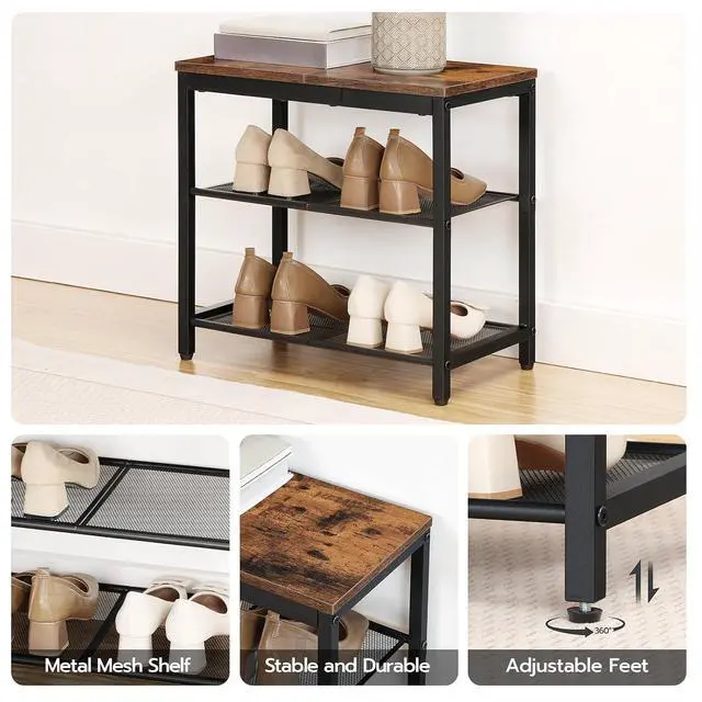 Alt view image 5 of 7 - Shoe Bench, 3-Tier Shoe Rack, Industrial Shoe Organizer Storage Bench, 19.7 inches Entry Bench with Mesh Shelves, for Entryway, Living Room, Hallway, Easy Assembly, Rustic Brown BF50HX01